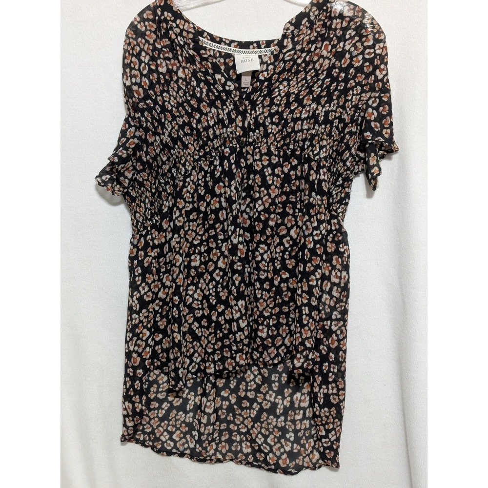 Knox Rose Womens Large Leopard Floral Smocked Waist High Low Blouse Black Orange